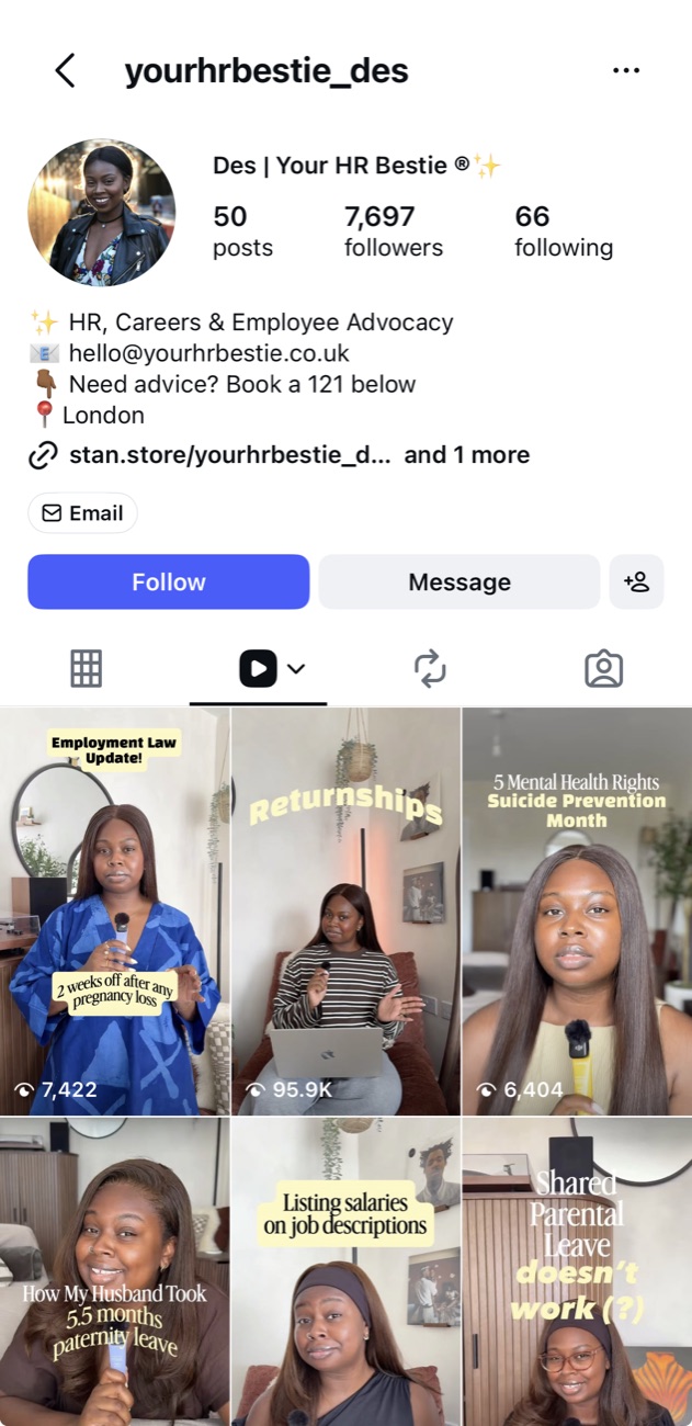 Desola's Instagram profile, yourhrbestie_des