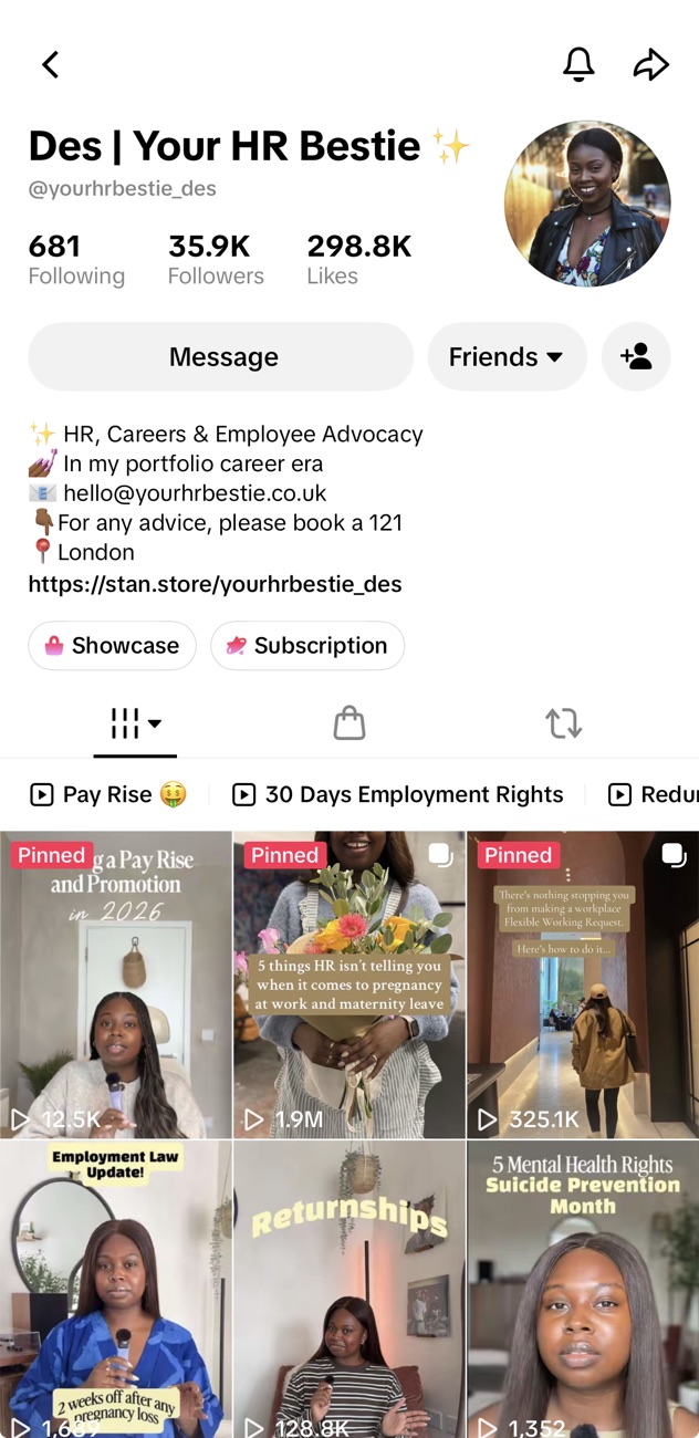 Desola's TikTok profile, Des | Your HR Bestie®, with 35.9K followers